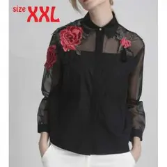 大人気☆トレンド 花柄 シースルー ZARA系 トップス ブラック XXL