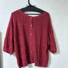 試着のみレース編み赤半袖カーディガン2way M
