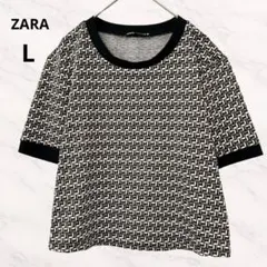 ZARA 総柄 幾何学柄 カットソー 半袖 トップス クルーネック 薄手 黒 L