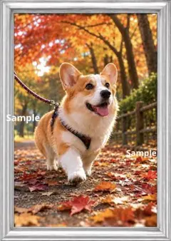 秋のお散歩 コーギー犬｜紅葉の小径 癒しの犬アート