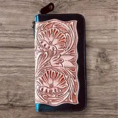 新品 本革 牛革 カービング バイカーズウォレット ハンドメイド 長財布メンズ