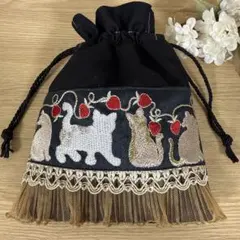 インド刺繍　巾着　袋　フリル　ねこ　ザリ