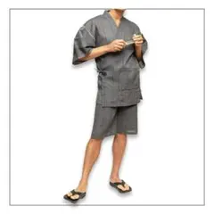 フォロー割中■甚平 しじら織り 綿麻 上下 セットアップ E:灰色青縞/Mサイズ