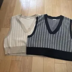 GU ベージュ　黒　Vネック ストライプ ニットベスト L ２点セット