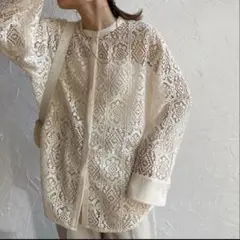 JUNOAH ノーカラーレースシャツ XL