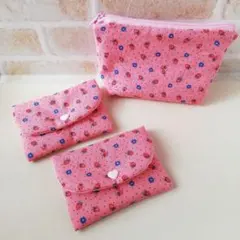ハンドメイド♡スナップボタンポーチ・ファスナーポーチ３点セット　いちご