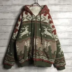 ヴィンテージ古着 ノルディック柄ニットジャケット フーディ 裏ボア フルジップ