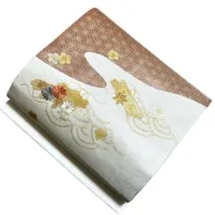 ユ105名古屋帯 金糸　刺繍　正絹着物帯　仕立て上り美品