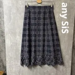 【美品】any SiS チェック柄 裾レース フレアスカート ネイビー 3（L）