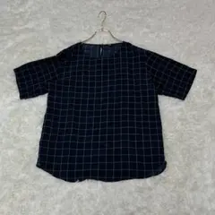 良品✨ ユニクロ 大きめ ブラウス 夏 ネイビー ホワイト チェック柄 半袖のサムネイル