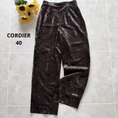 ⑩35 CORDIER ベロア ワイドパンツ 40 ブラウン 光沢 上品 日本製のサムネイル
