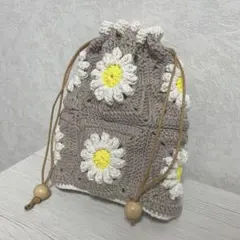 巾着袋　モチーフ編み　かぎ針編み　ハンドメイド　バッグ　小物入れ　巾着ポーチ