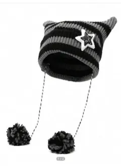 ストライプ　ニット帽　猫耳