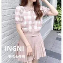 襟付チェック柄半袖ニットカーディガン＋ミニスカパン／セットアップ