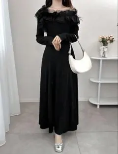 【shein 】フリル付きブラックロングワンピース サイズM