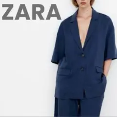 ZARA ザラ 半袖 テーラードジャケット ブレザー ネイビー 紺 Ｌのサムネイル