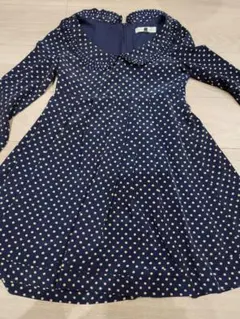 美品春も着れる！マーキュリーデュオ　ネイビー・ドット柄・長袖ワンピース