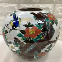 U 九谷焼　緑風　花鳥画　花瓶　直径25cm 高さ21.5cm