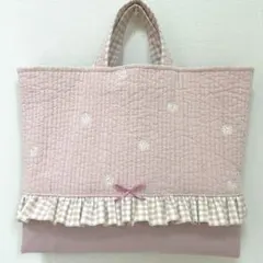 レッスンバッグ　【ピンクお花ヌビ×くすみピンク】　女の子　絵本袋　入園　入学