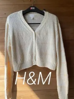 H&M ショート丈 コットンスラブニットカーディガン M 淡ピンクライン