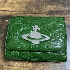 希少Vivienne Westwoodエナメル総柄刺繍折り財布グリーン