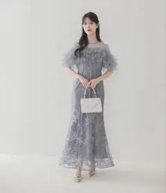 Leja /フロントチュールフリルフラワースパンコールマーメイドワンピースドレス