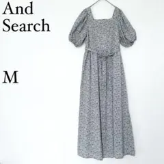 アンドサーチ 小花柄ワンピース パフスリーブ M ウエストリボン ロング丈 春夏
