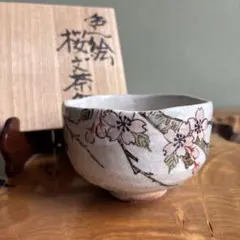 色絵 桜文茶碗 共箱 抹茶碗(gg7)