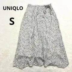 ユニクロ ロングスカート 白黒Sダルメシアン ドット リボン フレア レディース