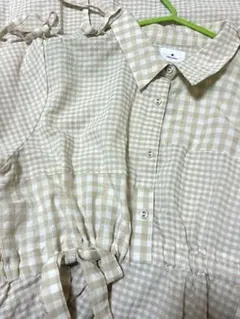 メリージェニー　ギンガムチェックリボンドロストワンピース　ベージュ