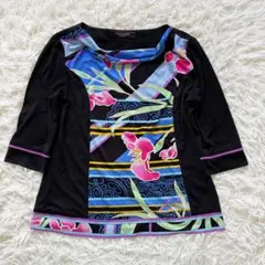 24412✨レオナール 伸縮性 カットソー Tシャツ 花柄 ブラック 黒