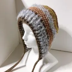 耳当て付きニット帽　ボンネット帽子フード帽 y2k ハンドメイド アースカラー