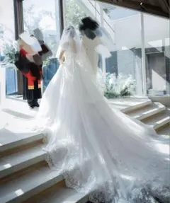 ホワイト ウェディングベール/ロング ダブルベール 刺繍 花