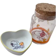 【スヌーピー】 ハート型皿　ガラス容器セット　レトロ　ガラス瓶　キャニスター　黄