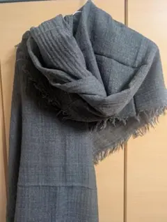 【Amina】ウール100％ 大判ストール グレー フリンジ付き