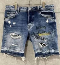 ZARA MAN デニム カットオフ ハーフパンツ ダメージ加工 インディゴ