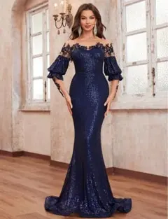 Giffaisei ネイビーブルースパンコールドレス　胸パット付き