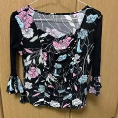 社交ダンス トップス ブラック ブルー 花柄 七分袖 - メルカリ