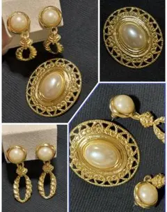 ヴィンテージ　未使用　パール調二点セット　ブローチ　揺れるピアス　年代物レトロ