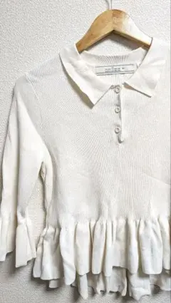 値下げ！GU rokh ホワイト リブポロセーター　七分袖　L春服フリルペプラム