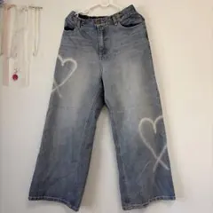 ハート柄 デニムパンツ ワイドシルエット