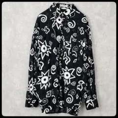 総柄シャツ　長袖　フランス製　モノトーン　個性派　古着　М