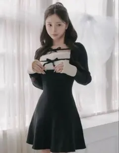 Darich リボンファーフレアニットミニワンピース FLサイズ ブラック