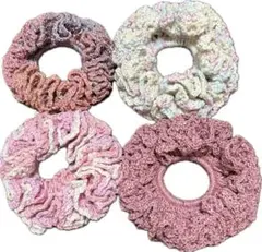 フリルニットシュシュ4個セット　ハンドメイド　手編み　ピンク系