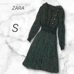 ザラ ZARA ロングワンピース Aライン レオパード柄 シャーリング レトロ