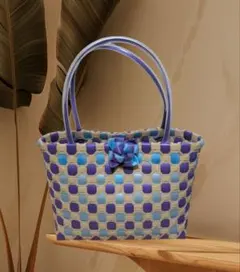 青紫チェック模様トートバッグ