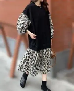 SMILEORCHIDスウェット花柄シフォンドッキングロングワンピース