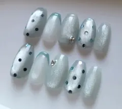 現品☆ブルー　ホロドット×フレンチ　ネイルチップ 10個セット　水色