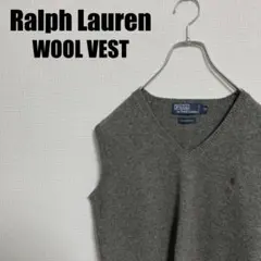 格安90sラルフローレンVネックウールベスト170ワンポイント刺繍セーターグレー