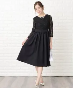 Lace Ladiesウエストリボン付きレース切り替えフォーマルワンピースドレス